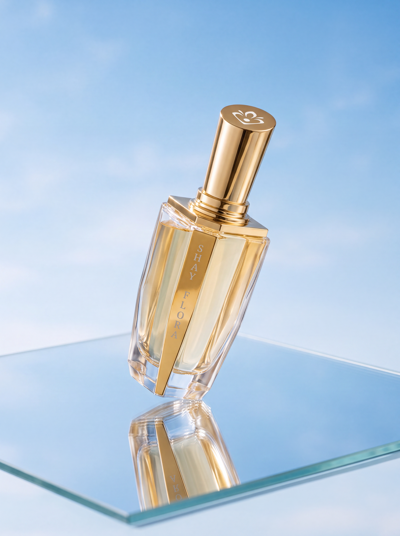 Golden perfume bottle labeled 'SHAY FLORA' reflecting on a mirror surface against a blue sky background