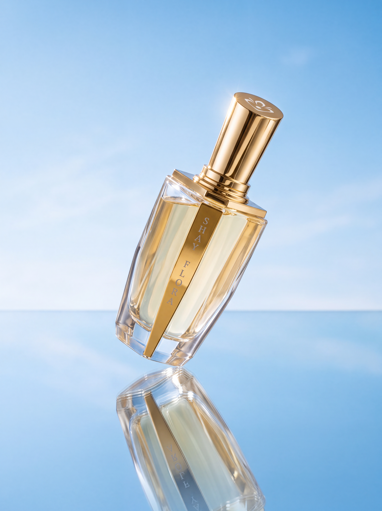 Golden Shay Flora perfume bottle reflecting on a smooth surface against a blue sky background