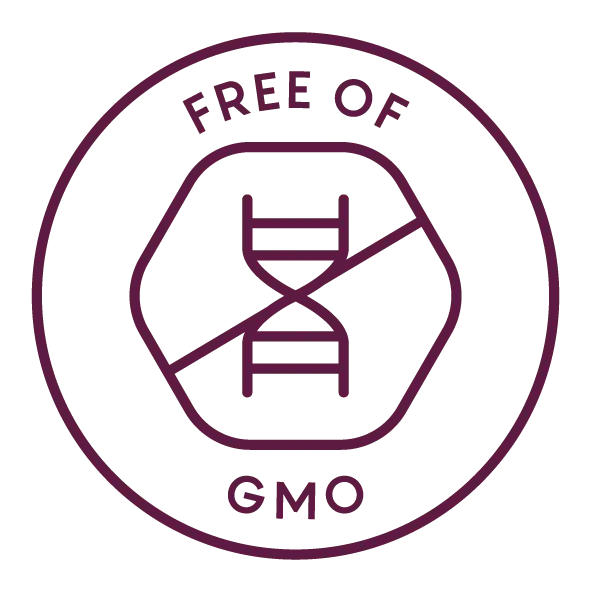 A hexagon crossed out with Free of GMO text inside a circle outline.