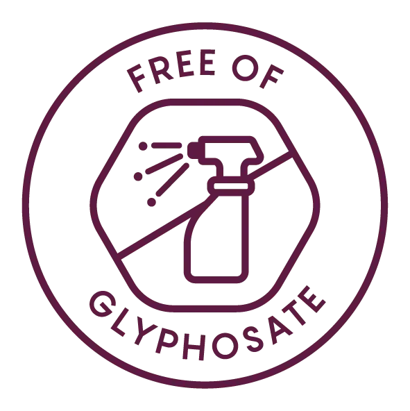 Icon with a spray bottle and Free of Glyphosate text inside a circle.