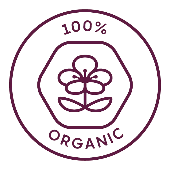 A circular badge with a flower in the center and the text 100% Organic above and below.