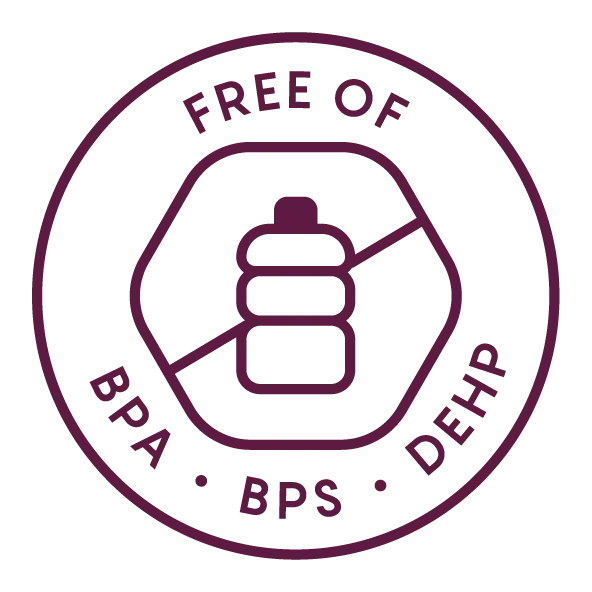 Icon indicating a bottle, with text Free of BPA, BPS, DEHP and a diagonal line across the bottle.