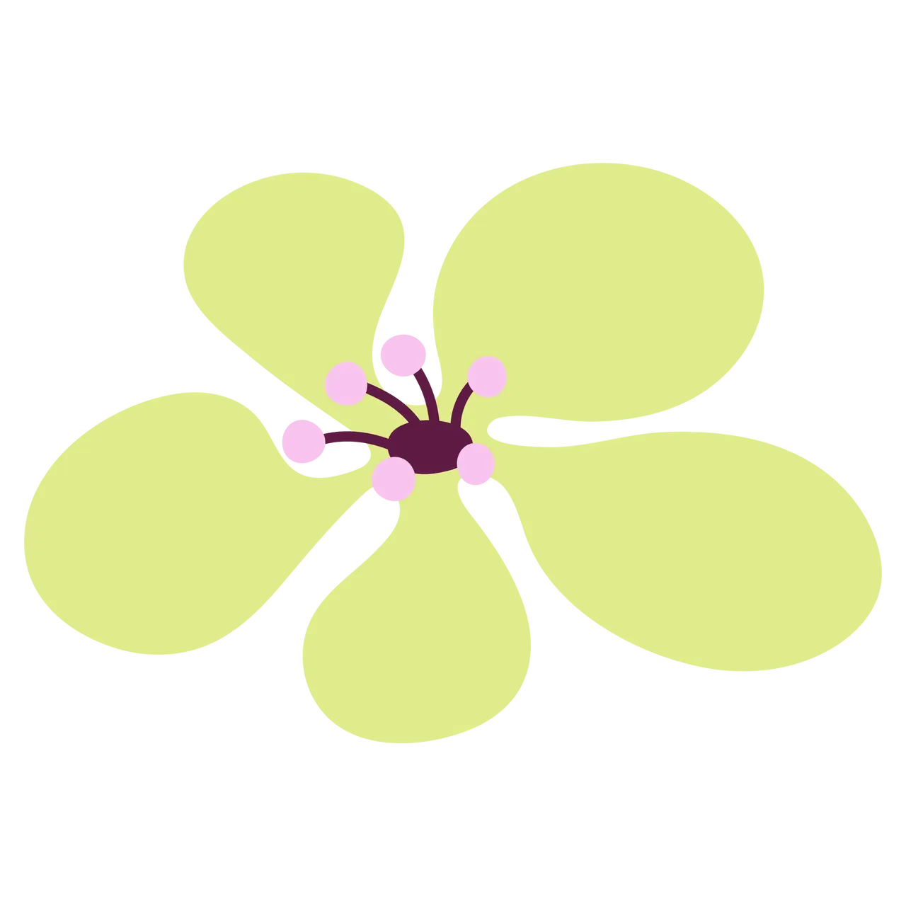 Illustration of a manuka flower with small green petals and a purple center, representing a floral design.