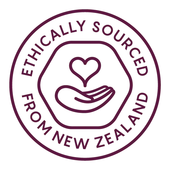 Ethically sourced from New Zealand icon with a heart and hand symbol.