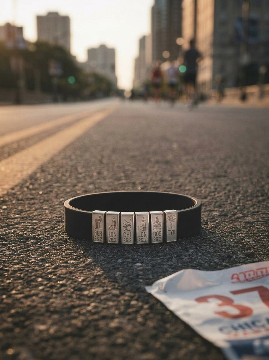Black bracelet with marathon city medals on asphalt road with blurred runners and bib