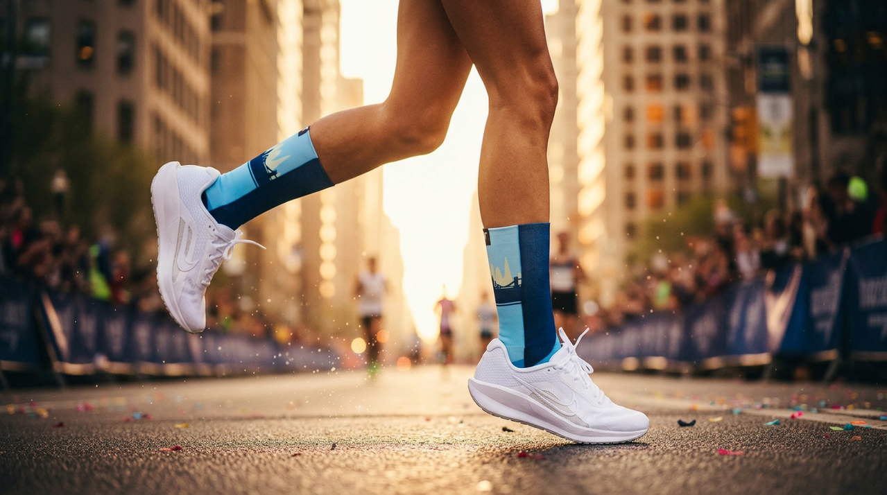 Close-up of a runner's legs and white shoes racing on city street with crowd background