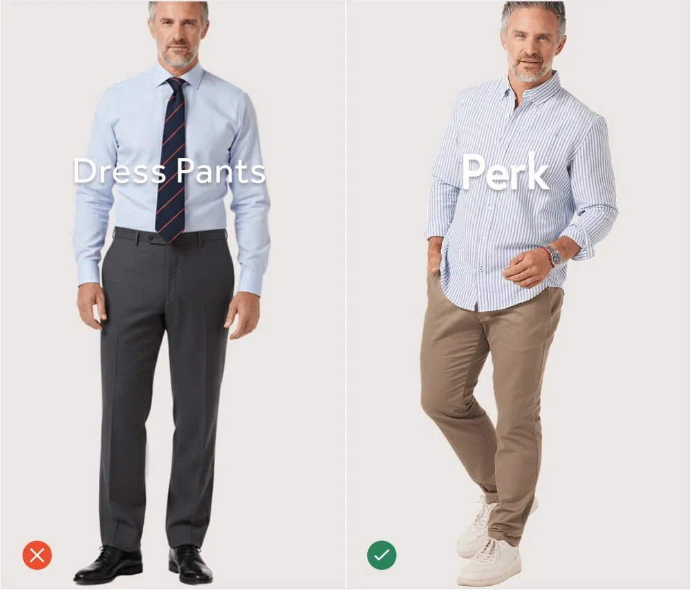 Comparison of dress pants versus casual pants labeled "Perk" on two men standing.
