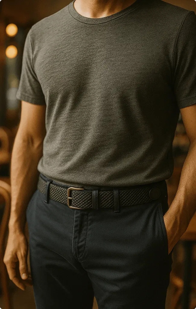Man wearing a gray T-shirt and dark pants with a woven belt in a relaxed setting.