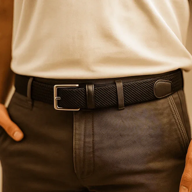 Man wearing a textured black belt with a silver buckle, tucked into brown pants and a white shirt.