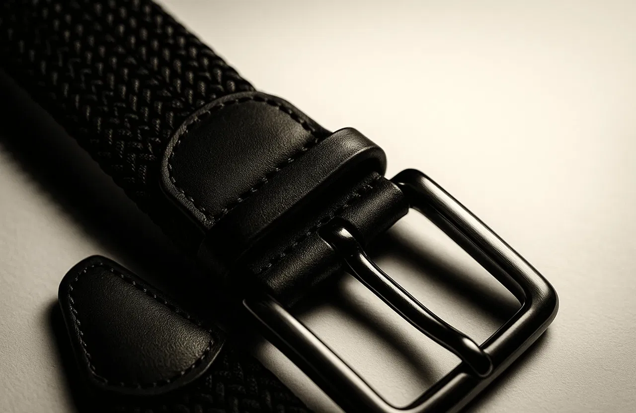 Close-up of a woven black belt with a metal buckle on a light background.