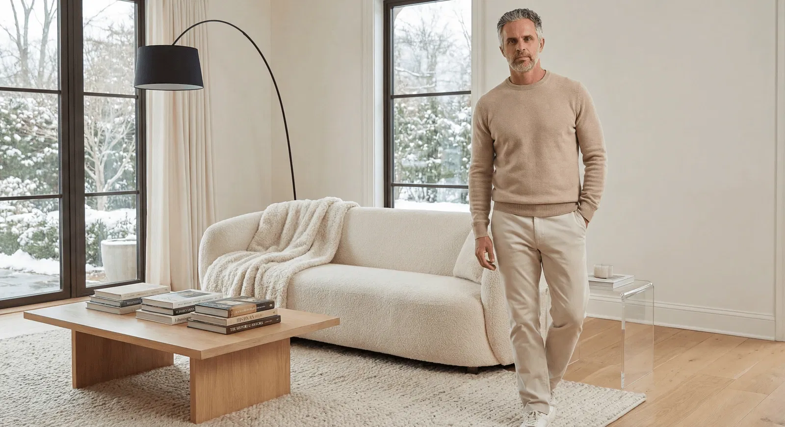 Man in beige sweater stands in modern living room with curved white sofa and snowy windows.