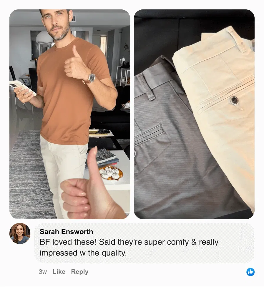 Man in brown shirt and light pants giving thumbs up, with two pairs of pants displayed.