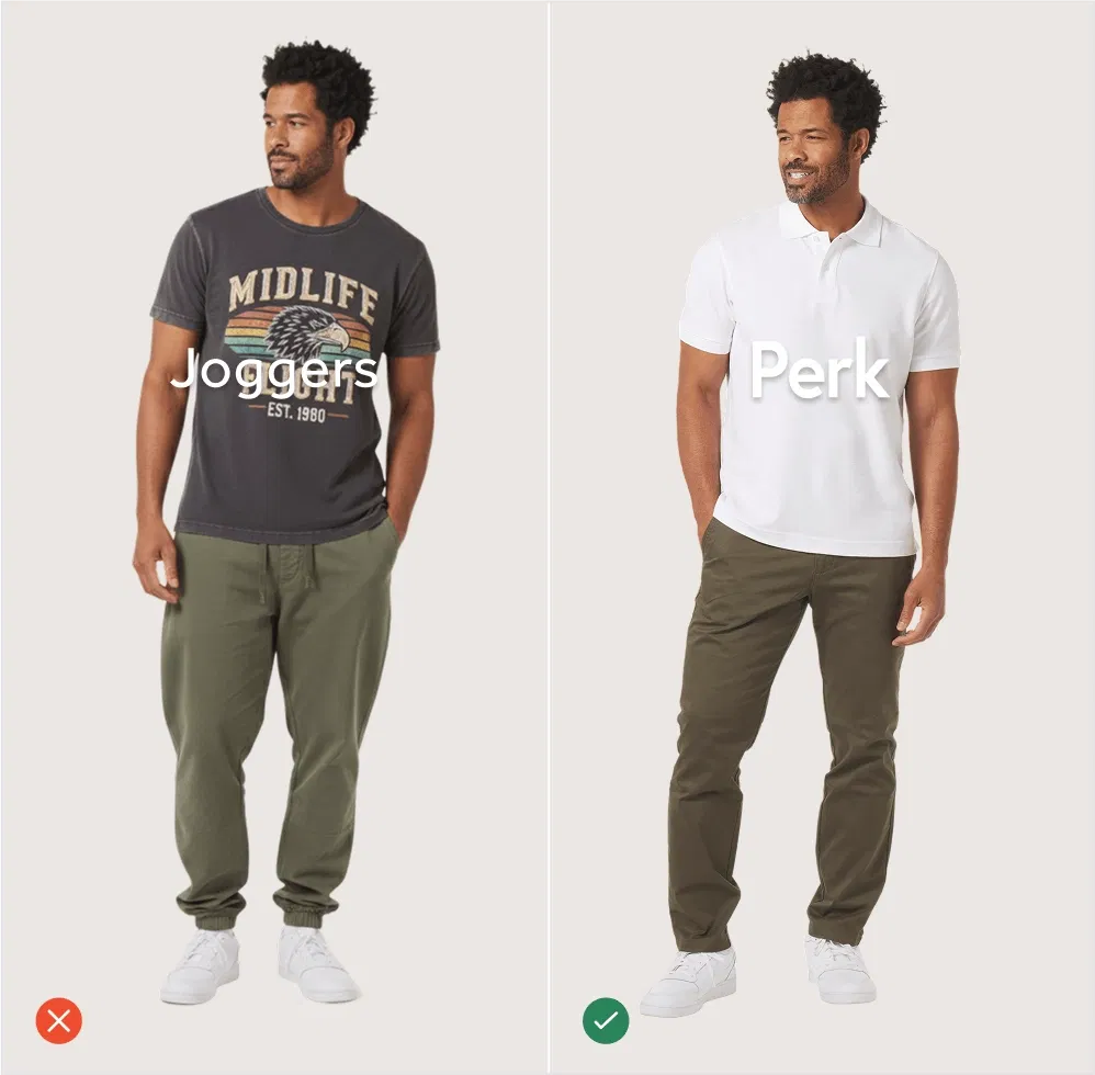 Man modeling casual joggers with a graphic tee and Perk pants with a white polo.