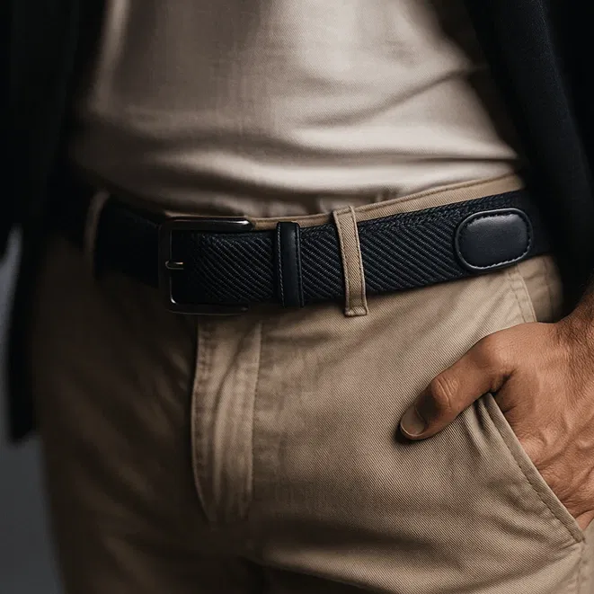 Man's accessories: navy woven belt, beige pants, hand in pocket.