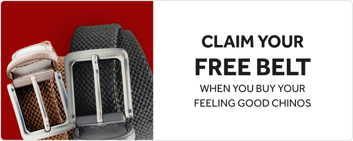 Two belts displayed; offer for a free belt with the purchase of chinos on a red and white background.