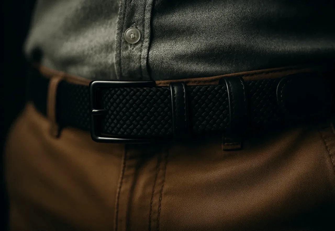 Close-up of a black woven belt with brass buckle against a gray shirt and brown pants.