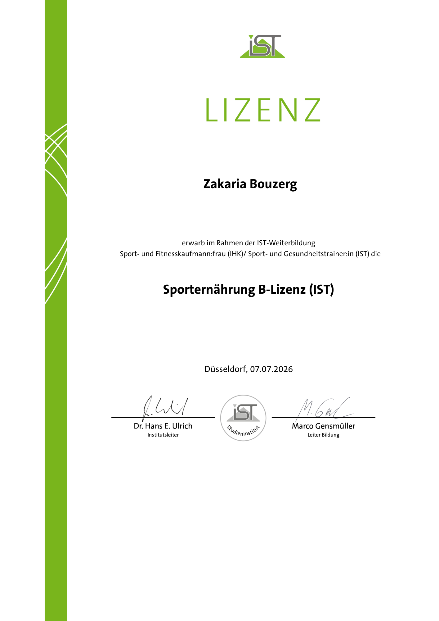 IST license of Zakaria Bouzerg: Sporternährung B-Lizenz (IST)