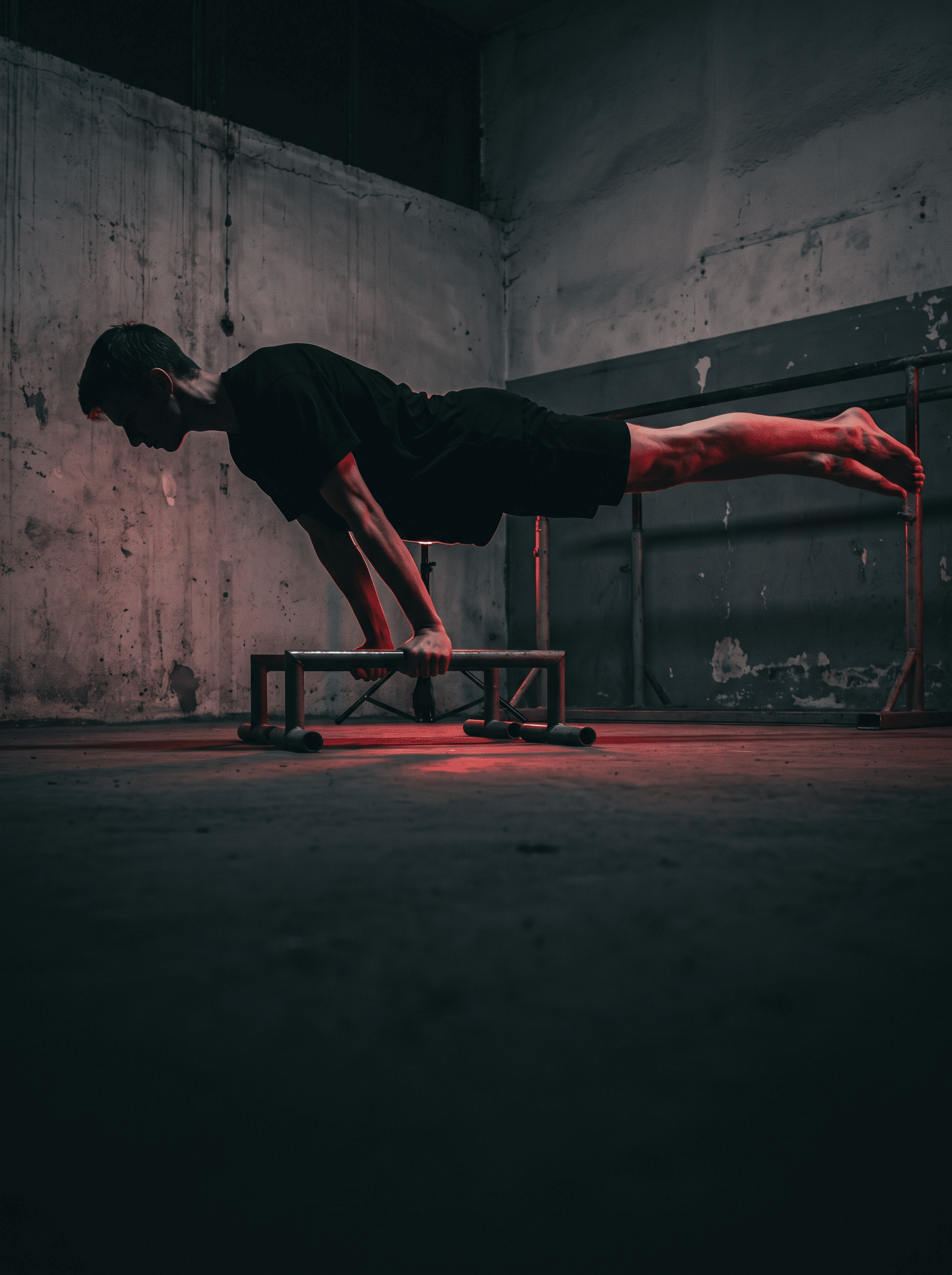 Lean athlete holding a planche on parallettes