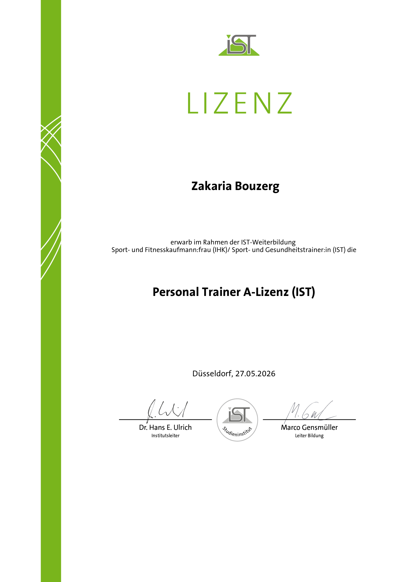 IST license of Zakaria Bouzerg: Personal Trainer A-Lizenz (IST)