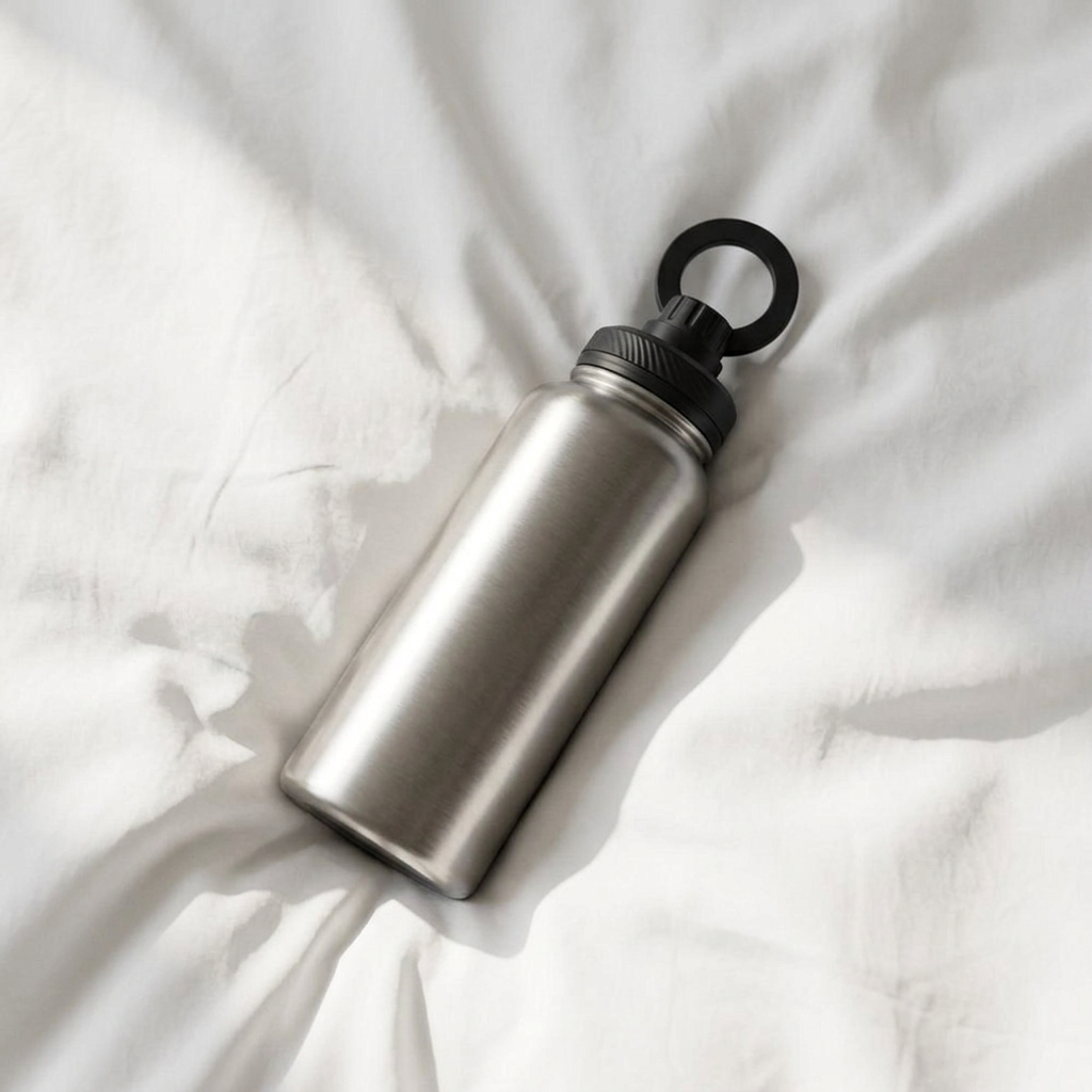 Silver stainless steel water bottle with black cap lying on crumpled white fabric