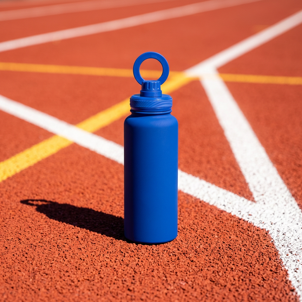 A blue water bottle standing upright on a red running track with white and yellow lines