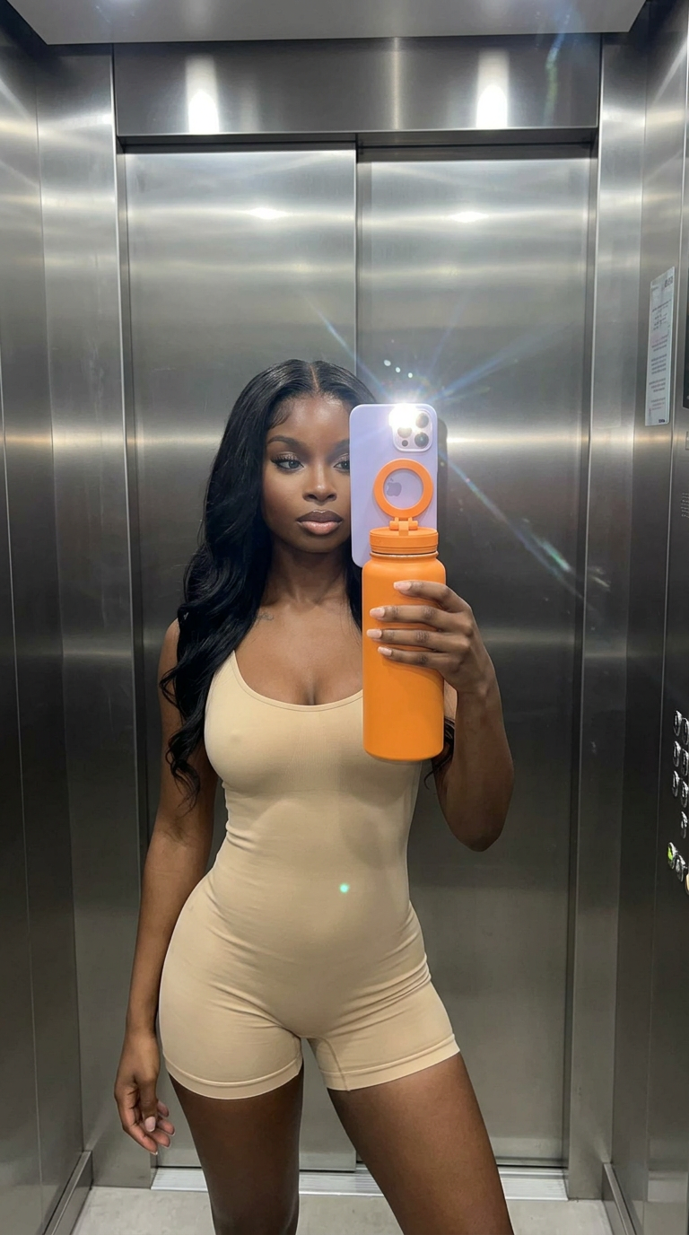 A woman with long black hair wearing a beige romper takes a selfie in an elevator mirror holding a phone with an orange case.