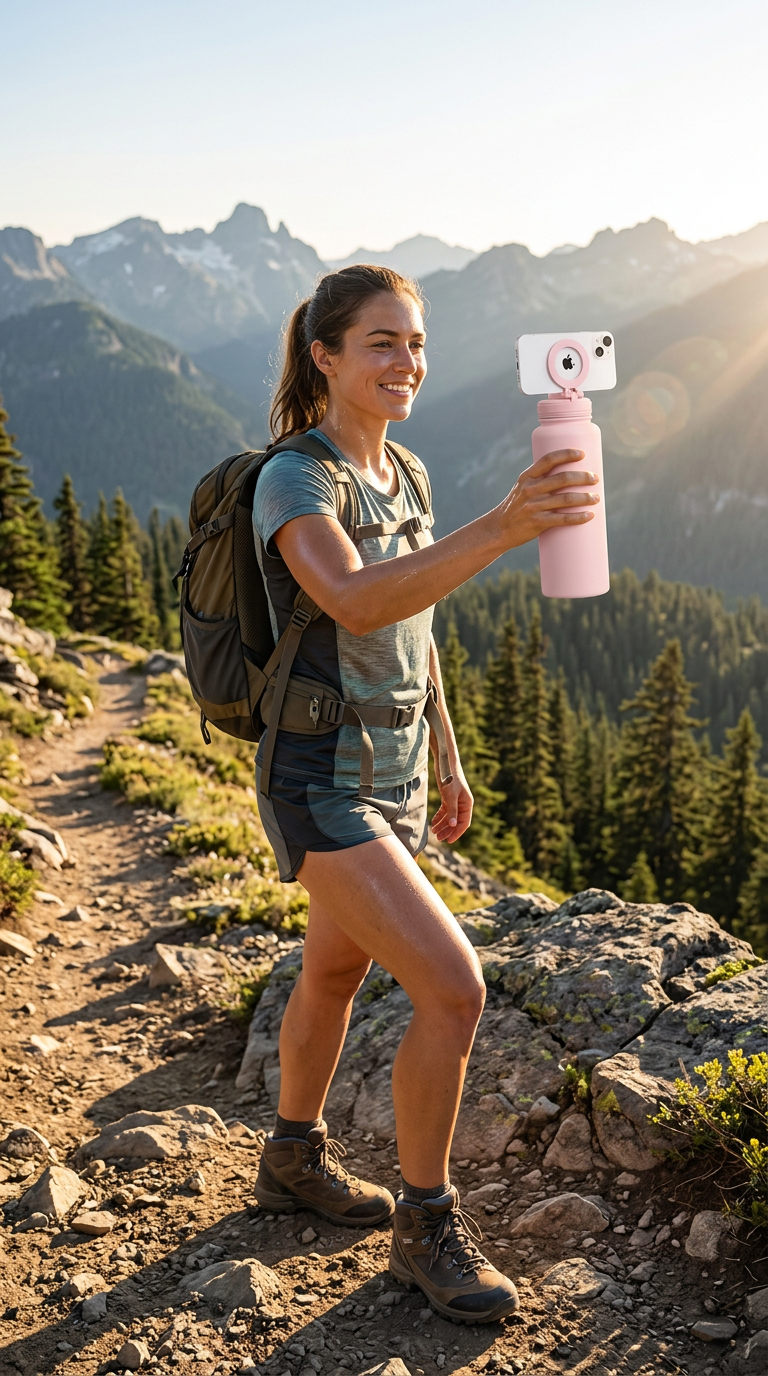Smiling woman wearing hiking gear holding a pink handheld camera on a mountain trail