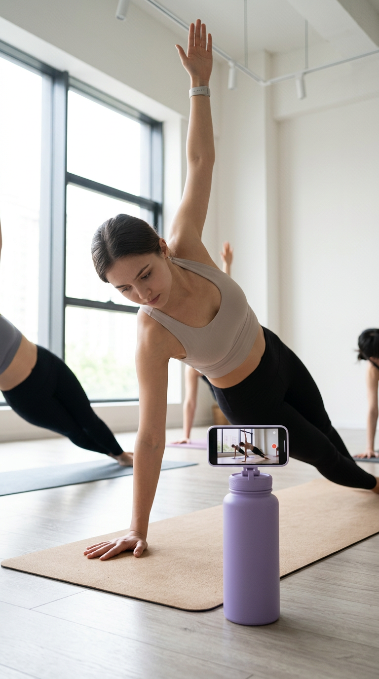 A woman in a yoga plank pose on a mat with a phone on a bottle recording her