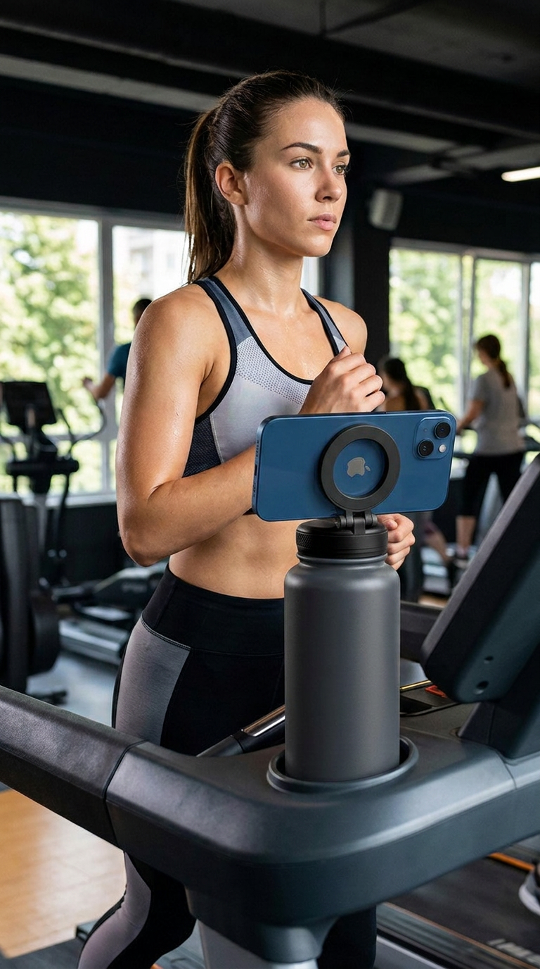 Young woman in sportswear jogging on treadmill holding smartphone at gym
