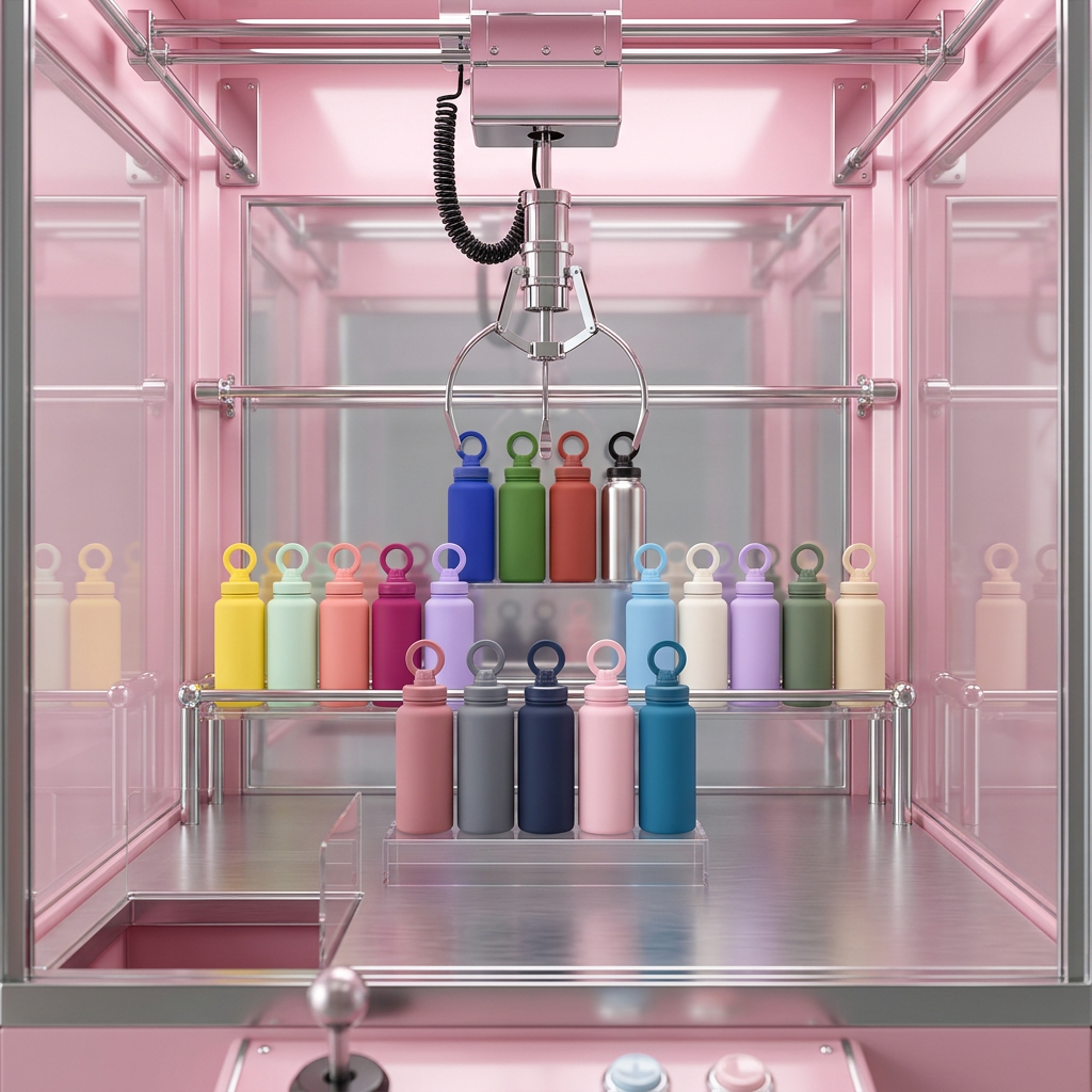 A claw machine with rows of colorful bottles, the claw holding a copper bottle