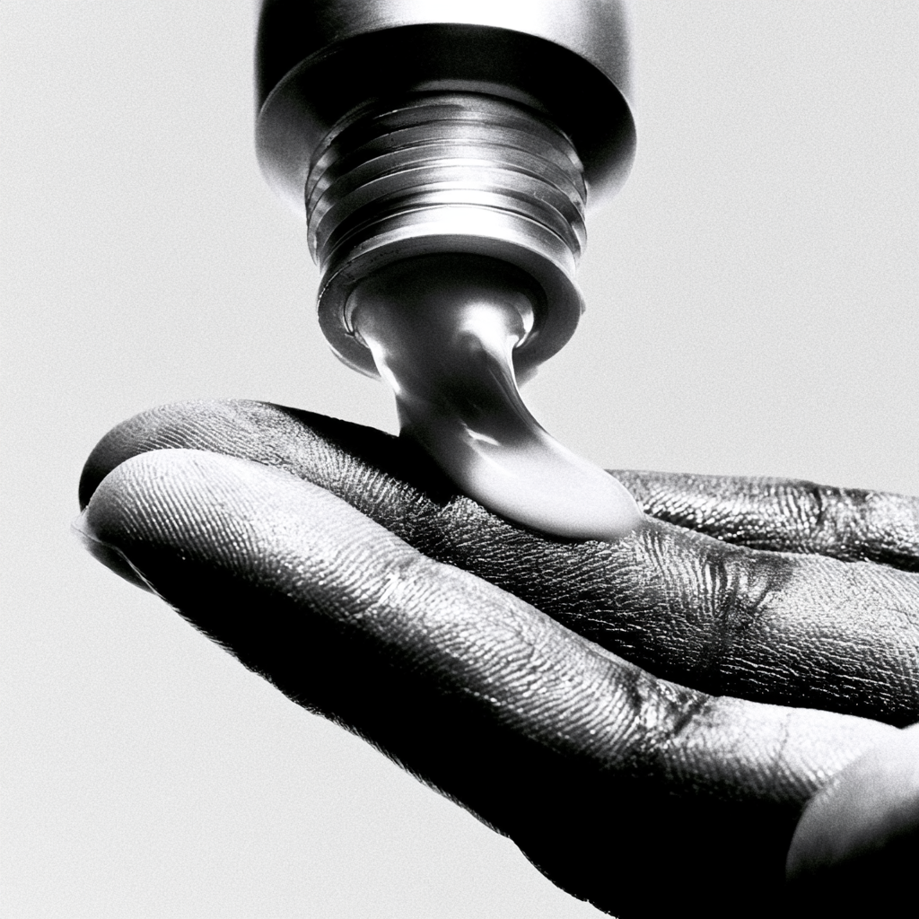 Tube squeezing cream onto textured fingers in black and white close-up