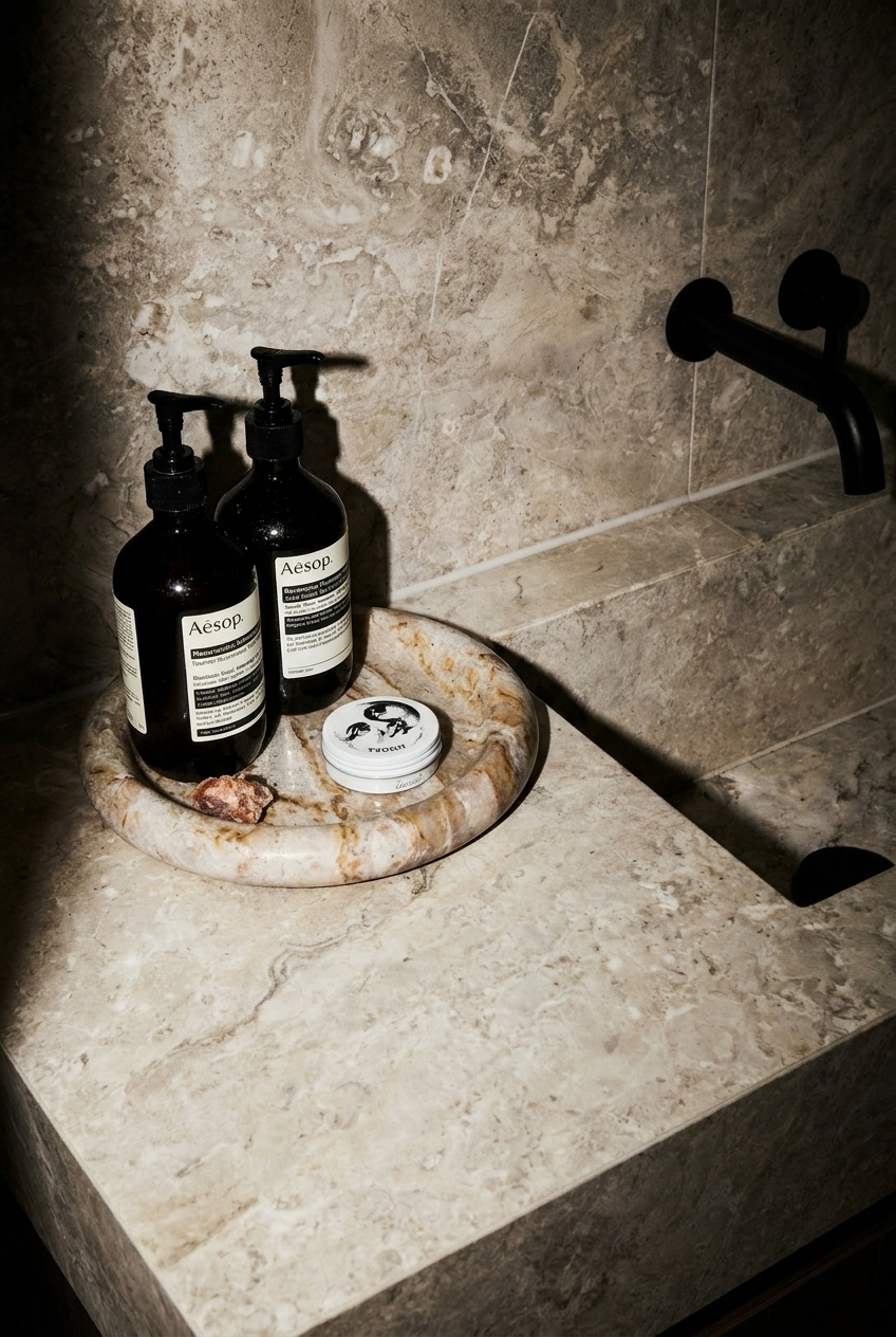 Marble sink countertop with two Aesop pump bottles and a small container on a marble tray