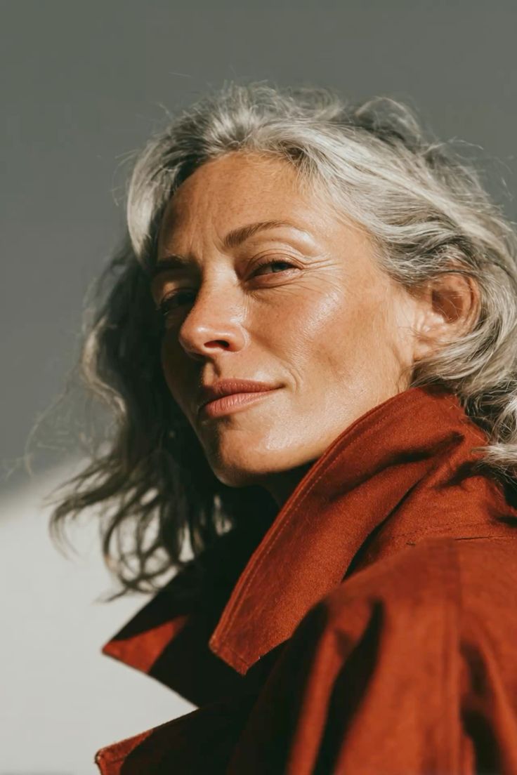 Close-up of a gray-haired woman wearing a rust-colored coat looking confidently to the side