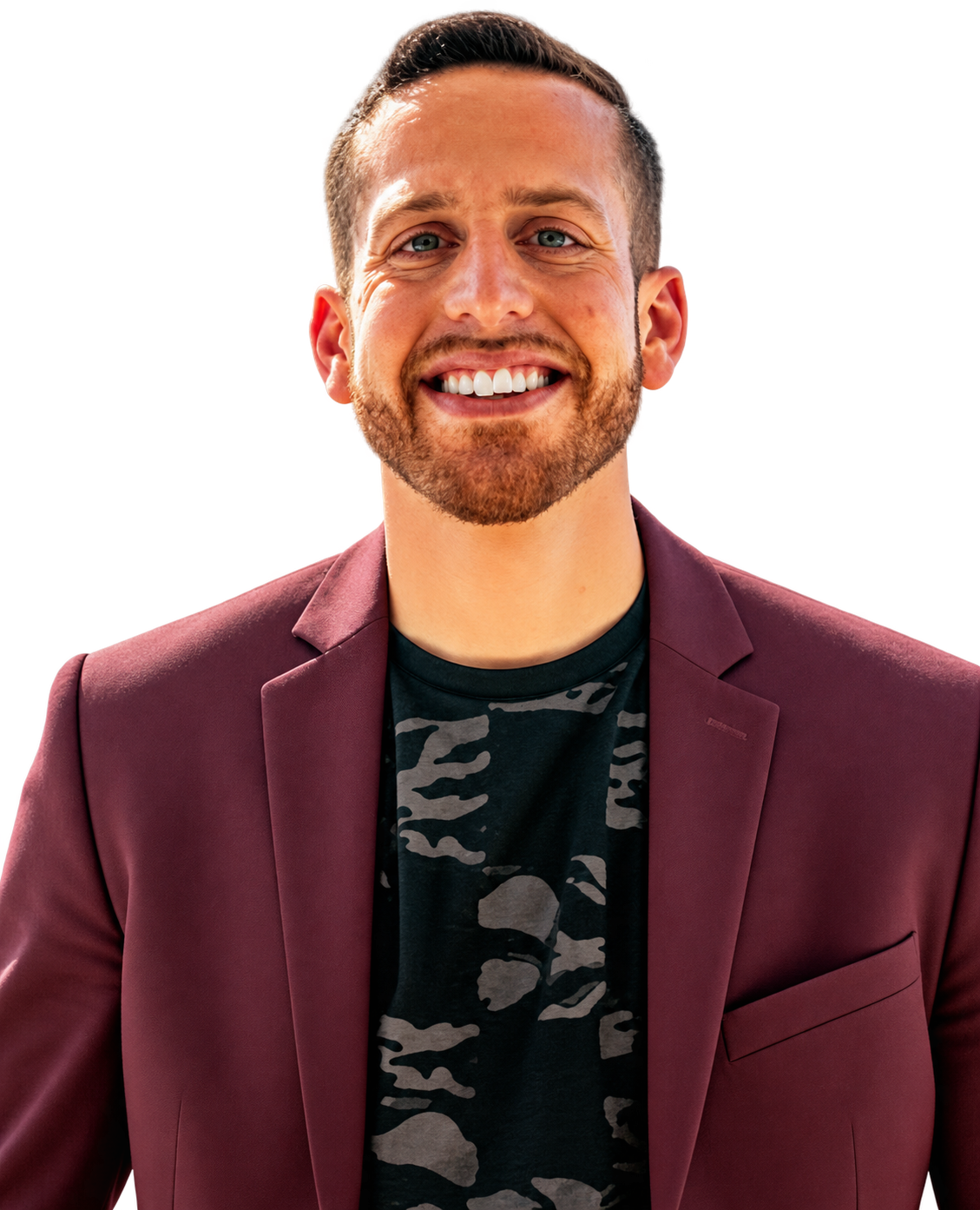 Ben Azadi smiling in a burgundy blazer