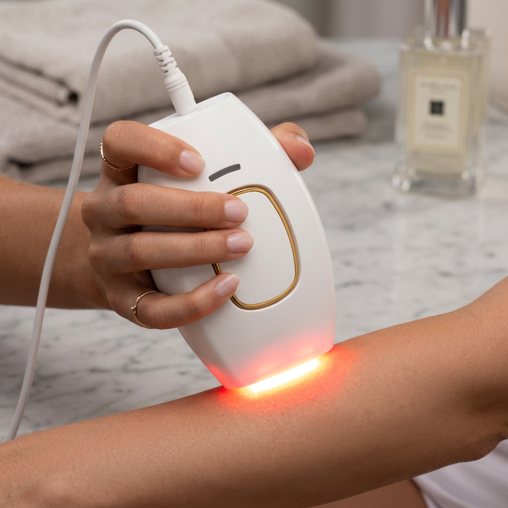 Person using a white handheld IPL device with orange light on forearm for hair removal