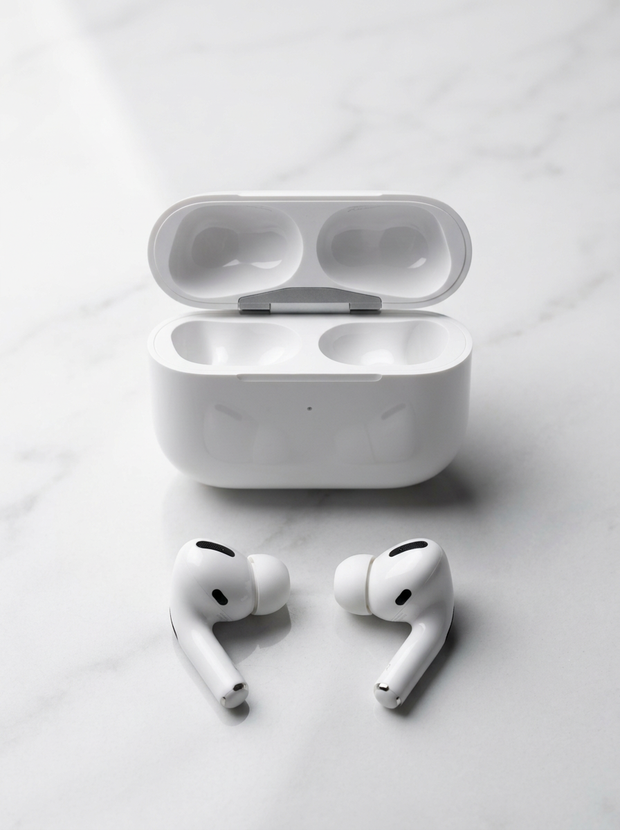 White wireless earbuds next to their open charging case