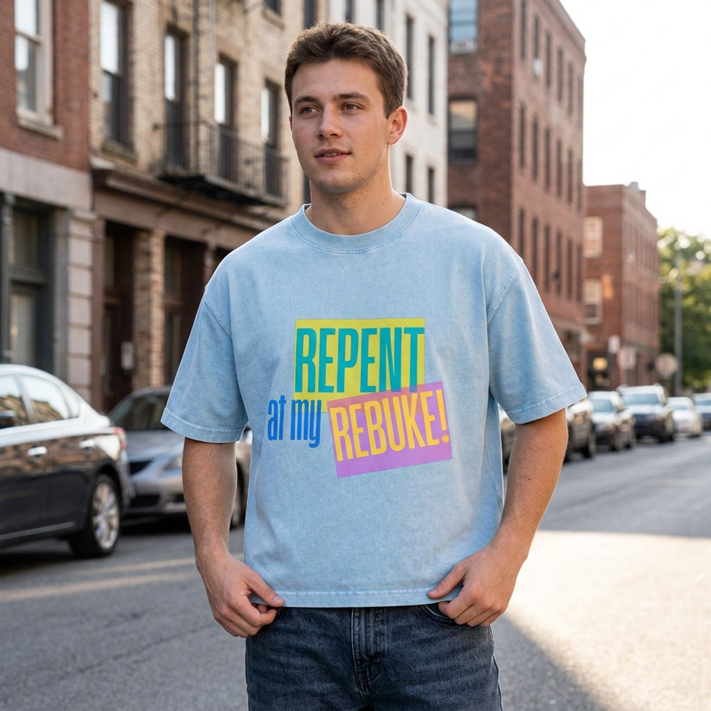 Young man standing on a city street wearing a blue T-shirt with 'REPENT at my REBUKE!' text