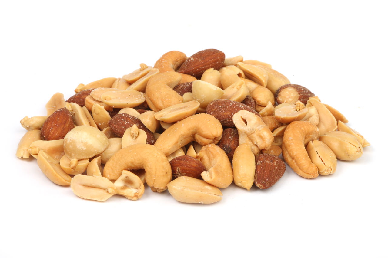 Mixed nuts including cashews, peanuts, and almonds
