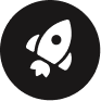 White rocket icon on a black circular background.
