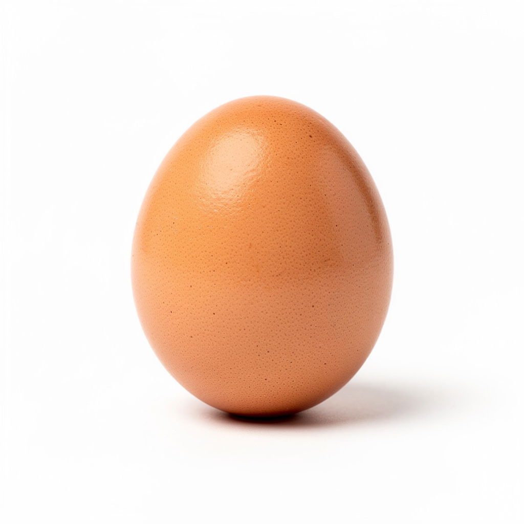Brown egg standing upright on a white background.
