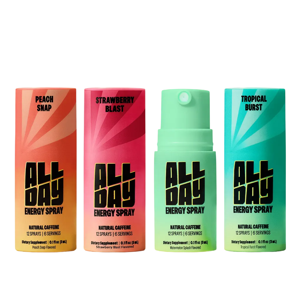 Four All Day Energy Spray bottles displayed side by side.