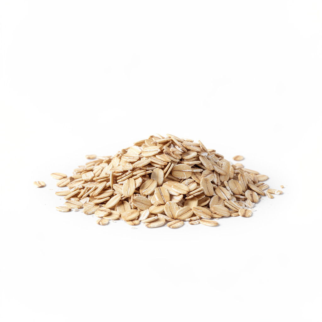 Pile of raw oat flakes on a white background.