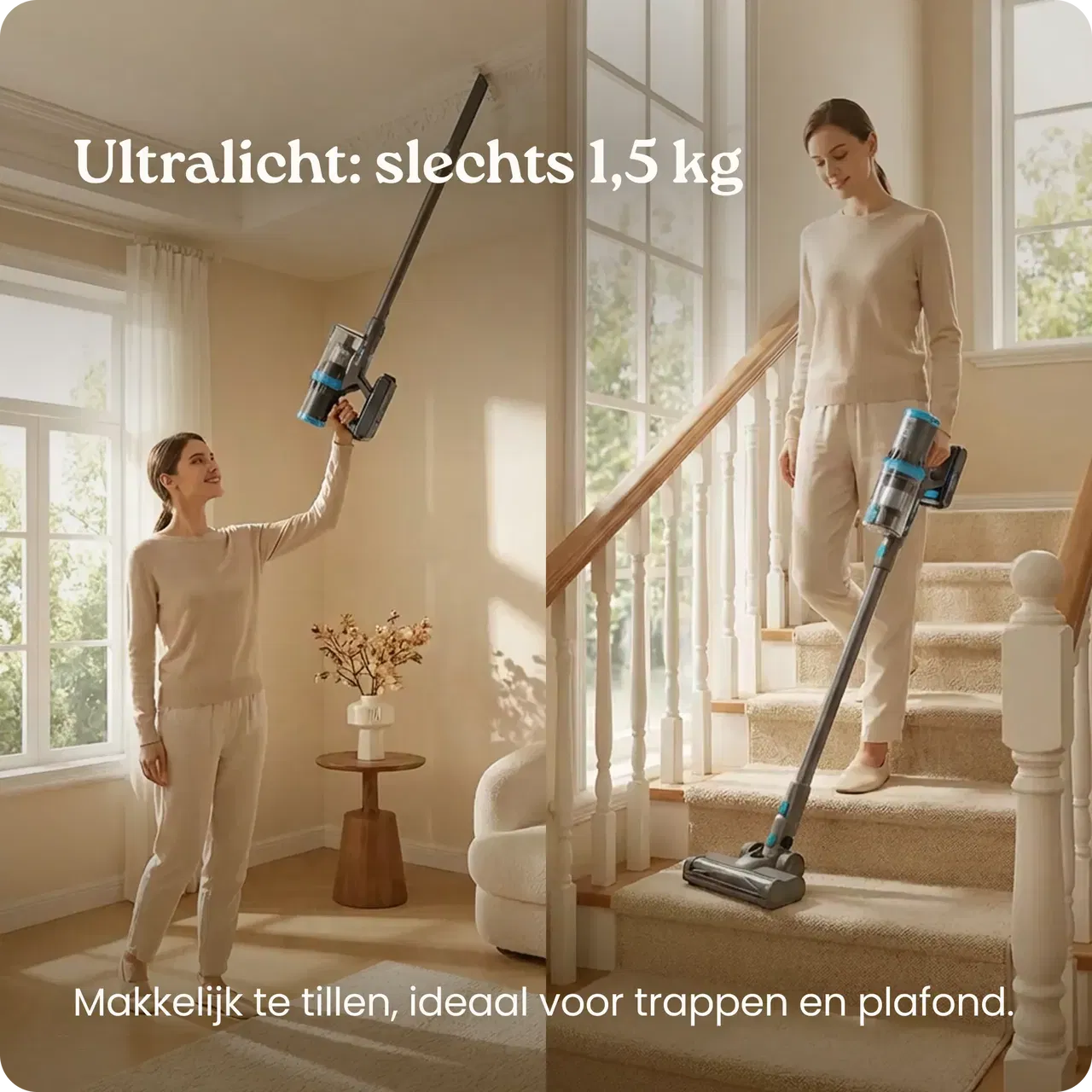 cleanwise rita steelstofzuiger lichtgewicht op trap en plafond