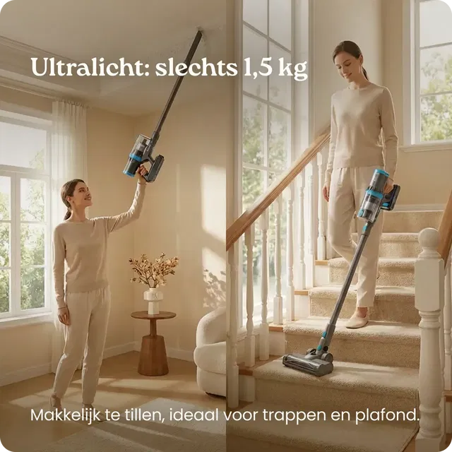 cleanwise rita steelstofzuiger lichtgewicht op trap en plafond