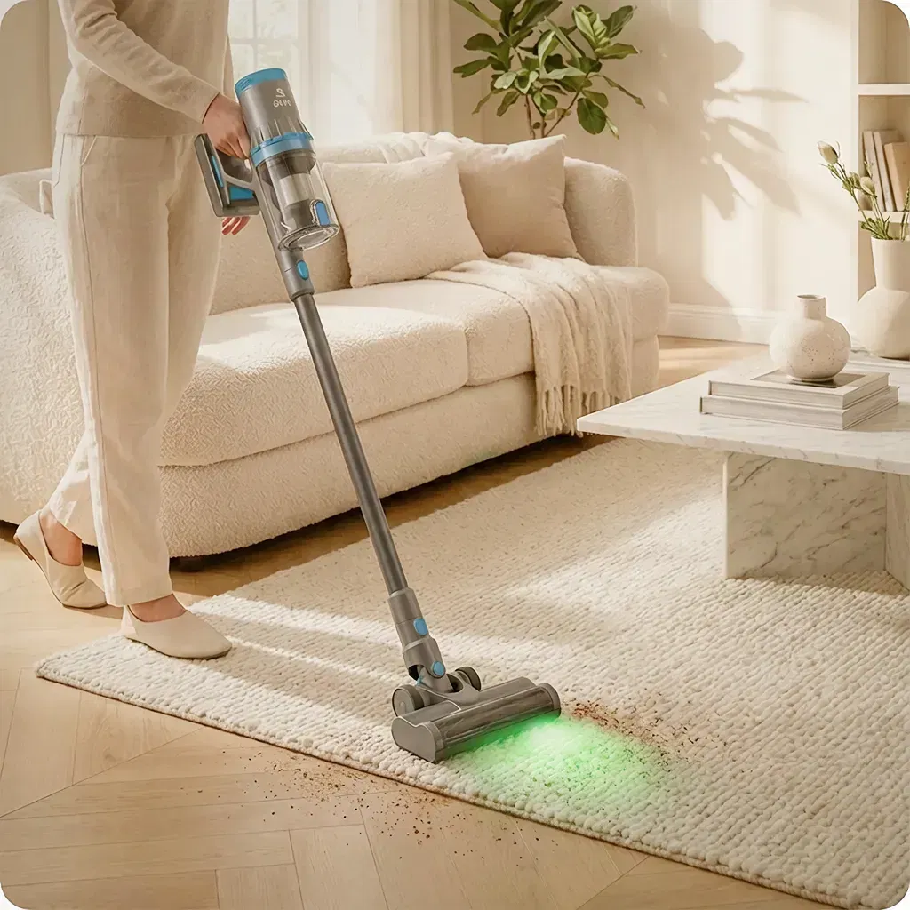 stofzuiger rita met groene laser op tapijt