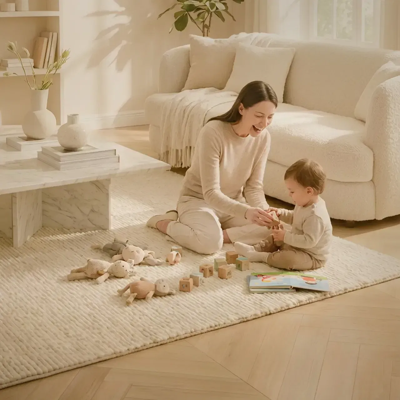 A woman and toddler sitting on a rug playing with wooden blocks and toys in a cozy living room
