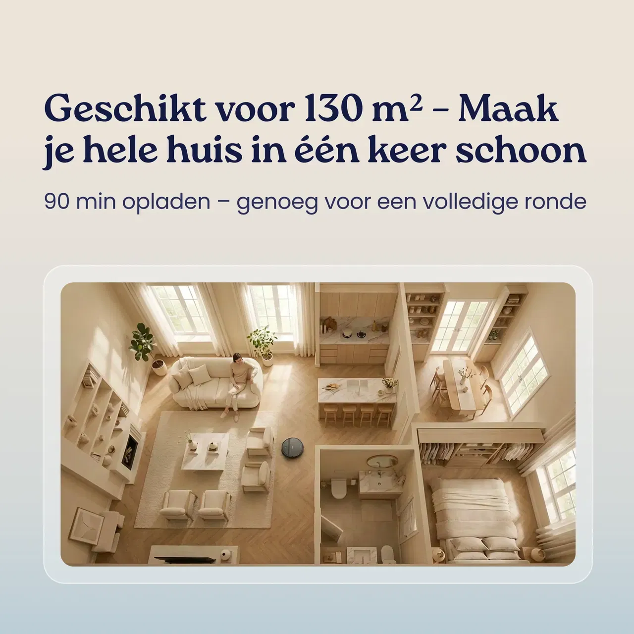 Top view of a modern home layout with living room, kitchen, bathroom, and bedroom with a robot vacuum cleaner