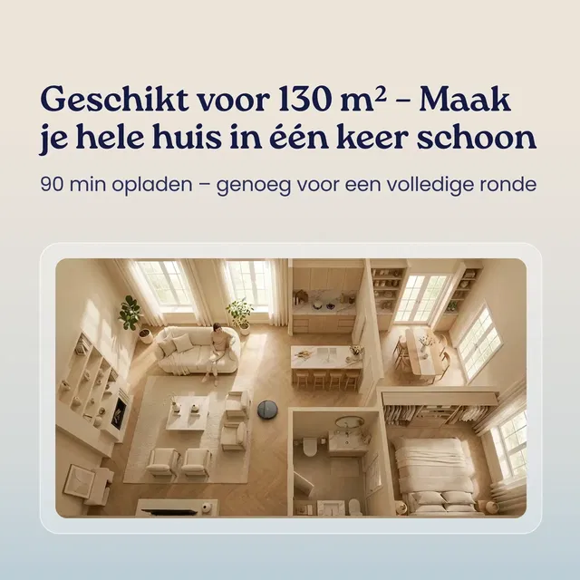 Top view of a modern home layout with living room, kitchen, bathroom, and bedroom with a robot vacuum cleaner