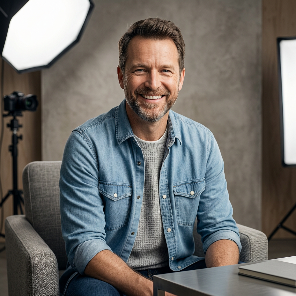 Smiling man with beard sitting in a chair wearing a denim shirt and gray sweater, studio lights and camera in background