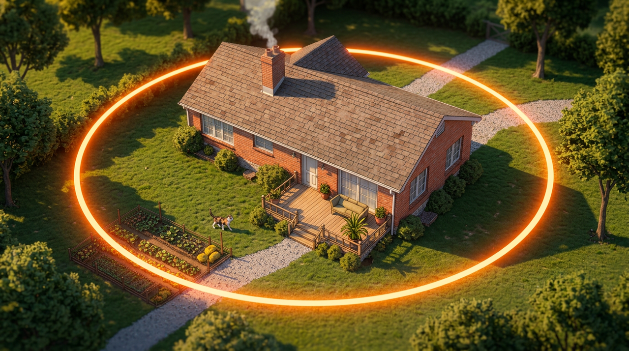 A brick house with a wooden porch and green yard enclosed by a bright glowing orange ring